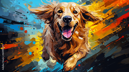 Golden retriever dog running illustration vector in abstract mixed grunge colors digital painting in minimal graphic art style. Very cute small dog. Digital illustration generative AI.