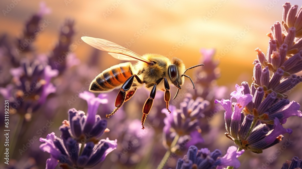 a bee is flying over a bunch of lavenders in a field. generative ai a bee is flying over a bunch of lavenders in a field. generative ai