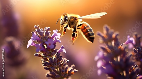  a bee flying over a purple flower in a field of flowers.  generative ai