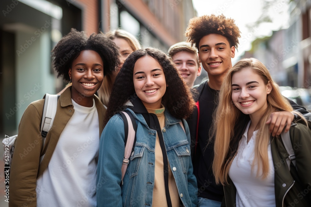 Group of young students smiling in the city portrait