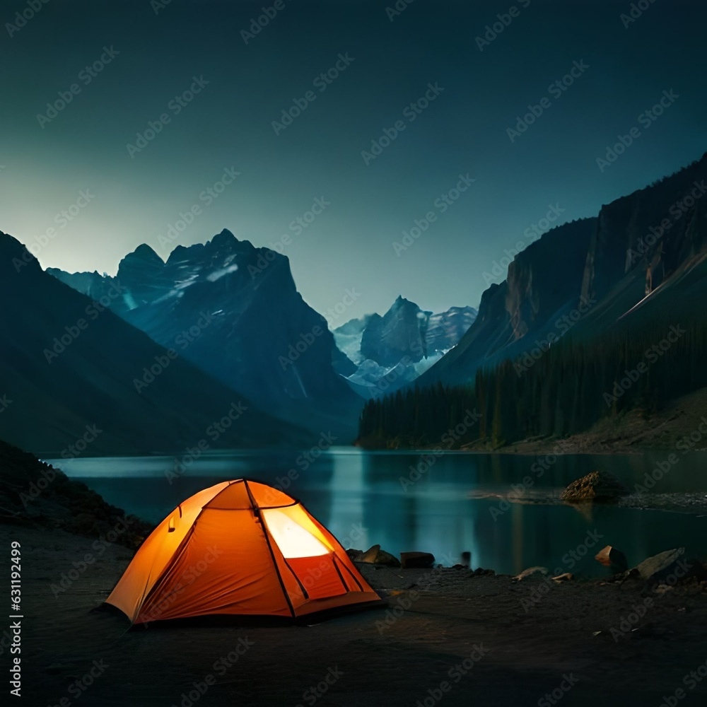 camping under the mountain generative by AI technology