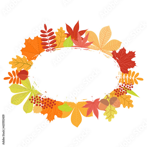 Colorful autumn leaves frame  wreath  border hand drawn illustration. Cartoon style flat design  isolated vector. Kids fall print  seasonal decorative element  plants  foliage  nature