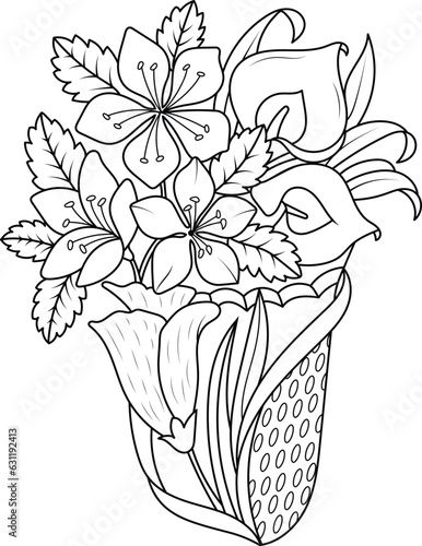 Vector outline illustration for antistress coloring book. A Vase with flower bouquet.