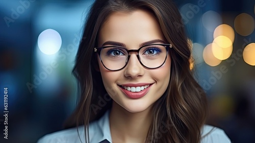 Portrait of beautiful smiling young businesswoman in eyeglasses at office, ai generative