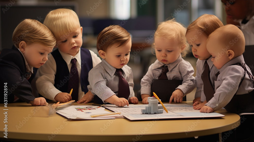 The picture captures a group of adorable babies gathered around a tiny conference table, each holding a toy notepad and pen, engaged in a pretend team meeting. The picture captures a group of adorable babies gathered around a tiny conference table, each holding a toy notepad and pen, engaged in a pretend team meeting.