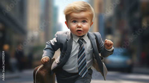 A cute baby is shown dragging a tiny briefcase around the 