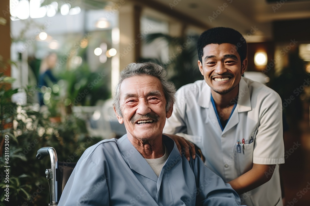 Senior man in a nursing home with his caretaker next to him smiling Senior man in a nursing home with his caretaker next to him smiling