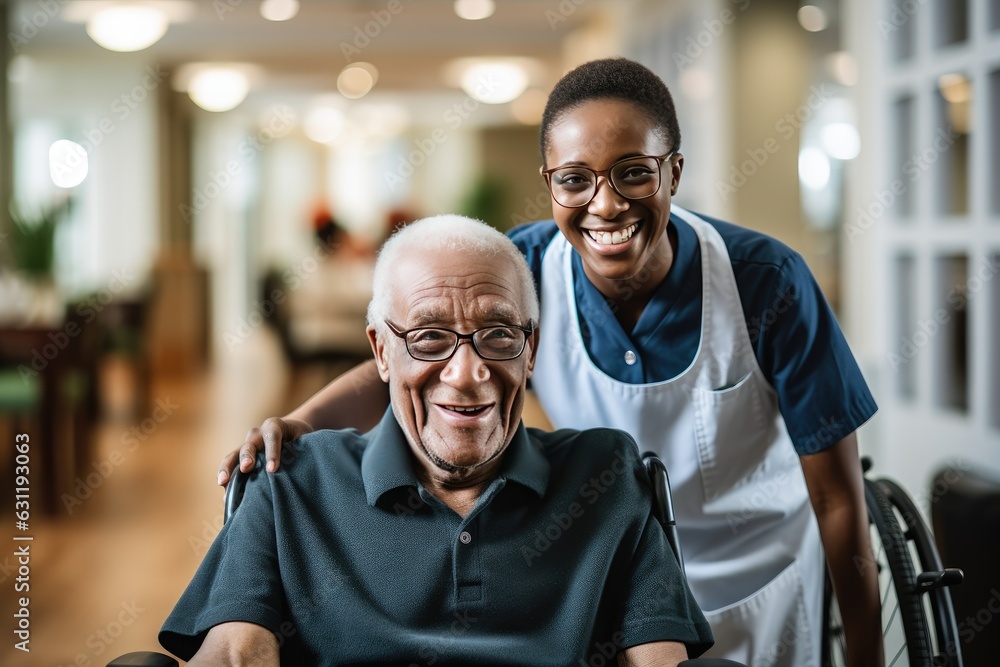 Fototapeta premium Senior man in a nursing home with his caretaker next to him smiling