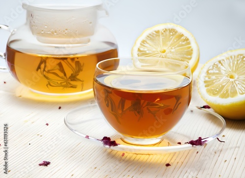 Cup of Hot Lemon Tea in Glass on Table with Soft background with Lemon and Mint leaves photo