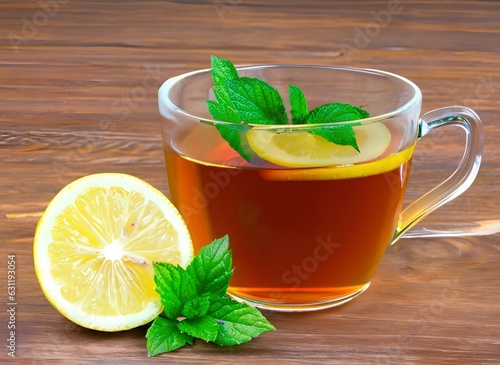 Cup of Hot Lemon Tea in Glass on Table with Soft background with Lemon and Mint leaves photo