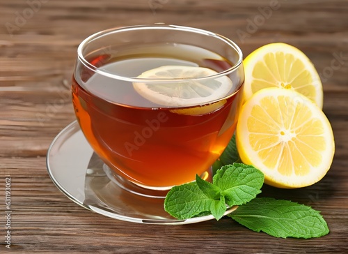 Cup of Hot Lemon Tea in Glass on Table with Soft background with Lemon and Mint leaves