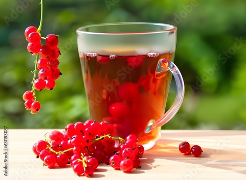 Cup of Hot Tea in Glass on Table with Soft background with Red Currant Berries photo