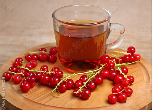 Cup of Hot Tea in Glass on Table with Soft background with Red Currant Berries photo