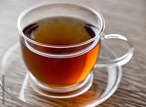 Cup of Hot Tea in Glass on Wooden Table with Tea Bag