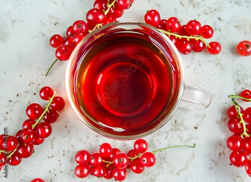 Cup of Hot Tea in Glass on Table with Soft background with Red Currant Berries Top down photo