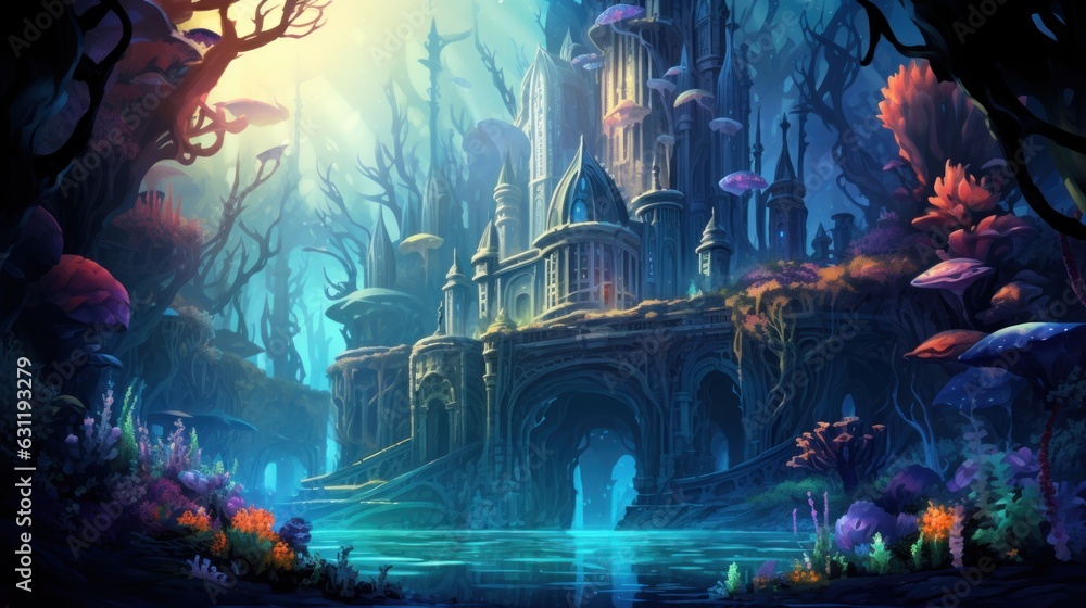 Obraz premium Illustrate an underwater city built within a vibrant coral reef, home to merfolk and other aquatic beings game art