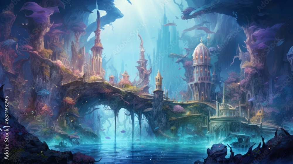 Obraz premium Illustrate an underwater city built within a vibrant coral reef, home to merfolk and other aquatic beings game art