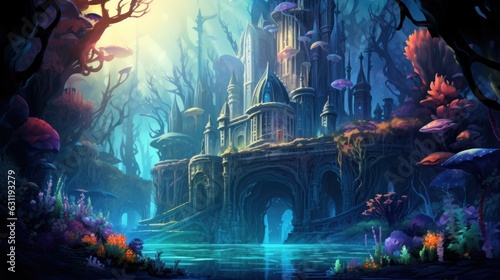 Illustrate an underwater city built within a vibrant coral reef, home to merfolk and other aquatic beings game art