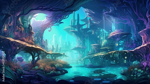 Illustrate an underwater city built within a vibrant coral reef, home to merfolk and other aquatic beings game art © Damian Sobczyk