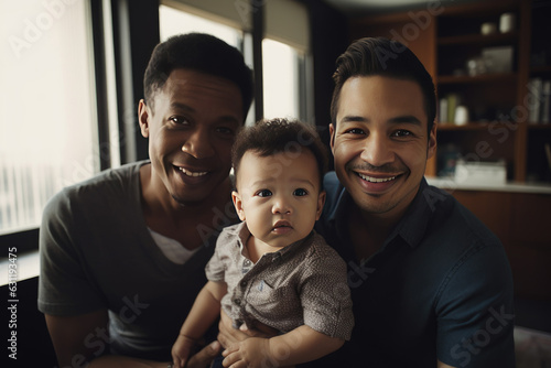 Young male couple and their adopted child at home © Baba Images