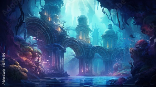 Illustrate an underwater city built within a vibrant coral reef  home to merfolk and other aquatic beings game art