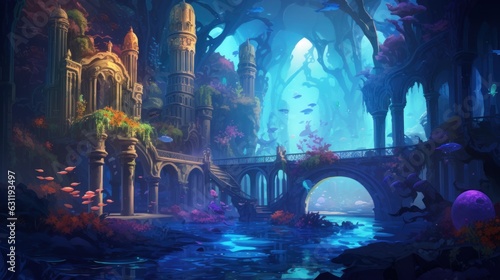 Illustrate an underwater city built within a vibrant coral reef, home to merfolk and other aquatic beings game art