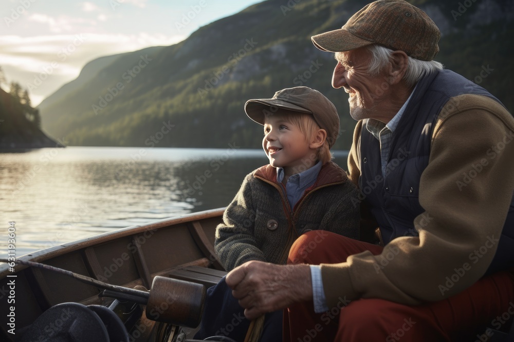 Obraz premium Grandfather and grandson fishing in a small fishing boat on a lake river