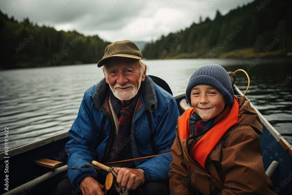 Grandfather and grandson in a small boat on a lake Grandfather and grandson in a small boat on a lake