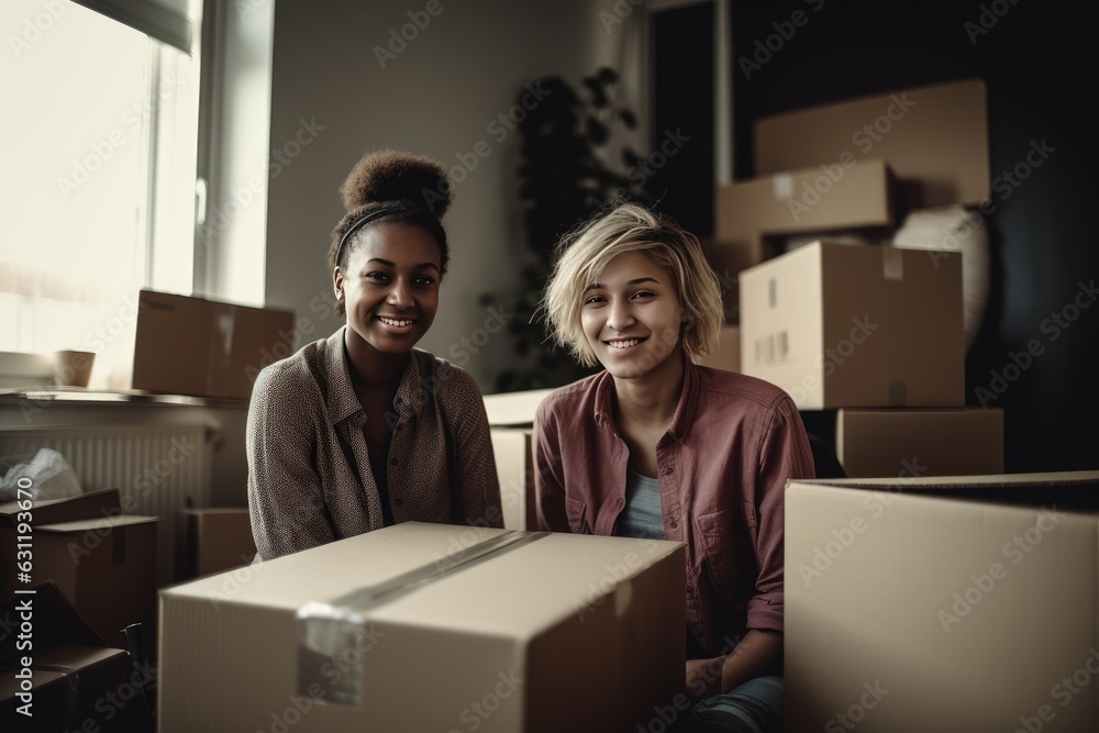 Young female couple moving into their new home apartment Young female couple moving into their new home apartment