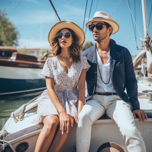 Couple on a boat doing a photoshoot wearing sailor style clothes outside sunny day 