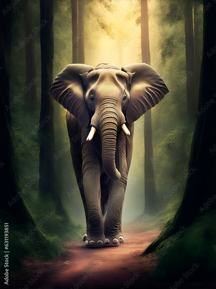 Un elefante caminando en un bosque. Vista de frente y de cerca. IA Generativa 