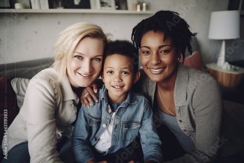 Young female couple with their adopted child at home