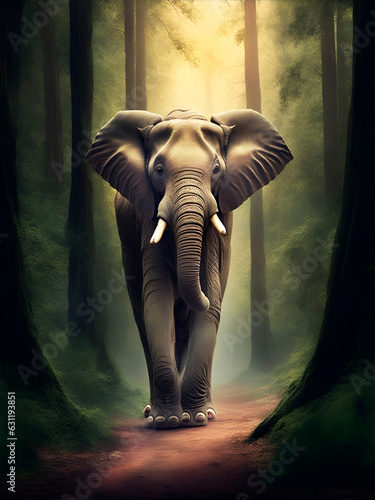 Un elefante caminando en un bosque. Vista de frente y de cerca. IA Generativa  © Mercedes Fittipaldi