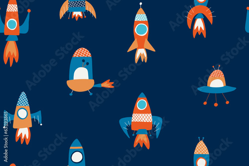 Seamless cosmic pattern with different rockets and UFO in cartoon style. Childish background with flying saucer and spaceship. Vector illustration for fabric, cover, wrapping, label.