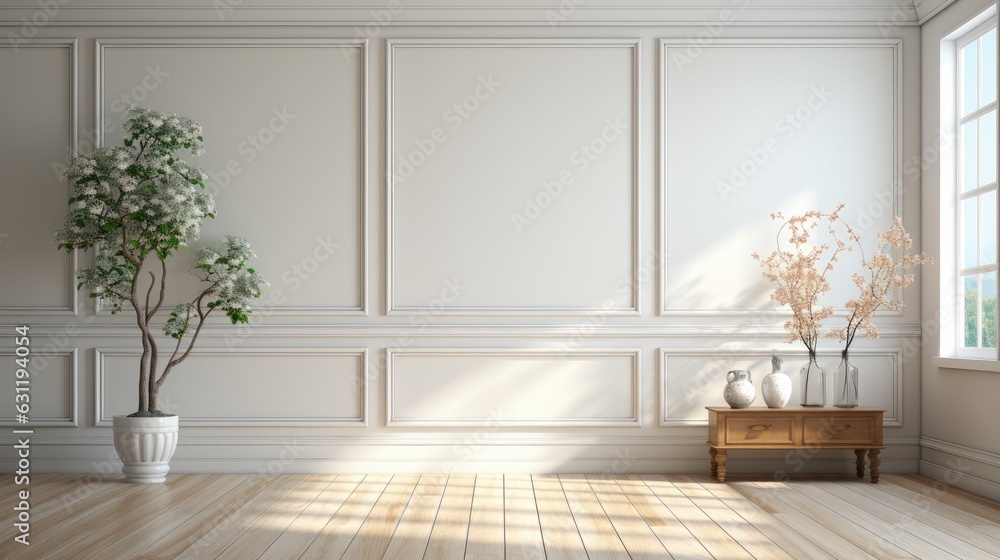 White room retro style decor vase and tree. Generative Ai White room retro style decor vase and tree. Generative Ai