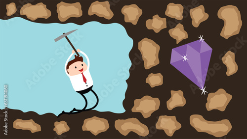 Happy Businessman Digging for Diamond Treasure. Business, work and success concept vector art.