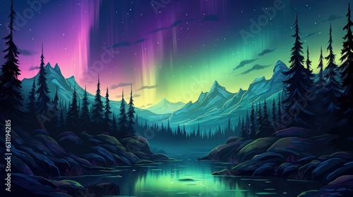 Northern Lights Wilderness: Illustrate a breathtaking wilderness scene with the northern lights dancing across the sky game art © Damian Sobczyk