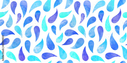 Watercolor drops, droplets, tears seamless repeat vector pattern. Watercolour stains colorful endless water, aquatic watery background. Navy blue, aqua , turquoise colors. Hand drawn artistic template