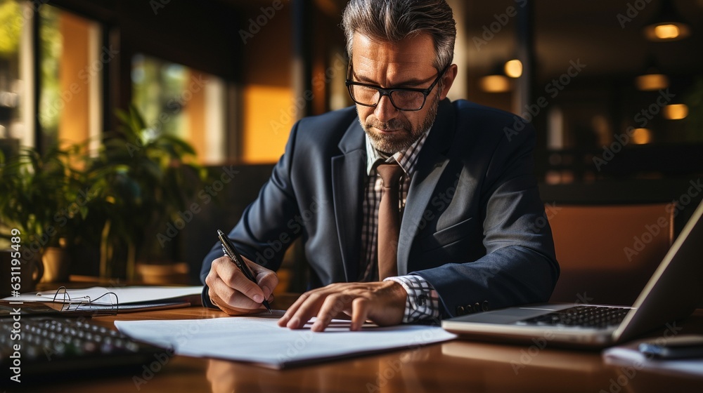 In the office, an accountant uses a calculator to calculate a finance report..