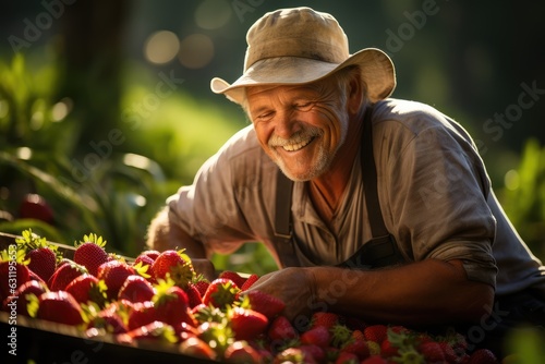 Happy farmer in an orchard with freshly picked Strawberries - AI Generated