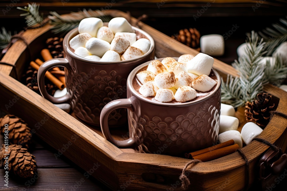 Cozy Christmas Hot Chocolate with Marshmallows in Wooden Tray. Warm and Delicious Holiday Beverage for Winter Mornings: Generative AI