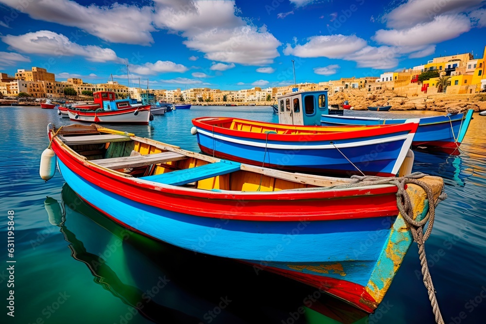 Famous Maltese Luzzu Boats in Colorful Mediterranean Harbor of Marsaxlokk Village, Malta: Generative AI