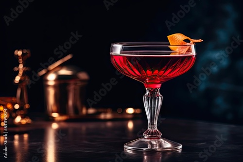 Closeup of a Beautiful Martinez Cocktail with Gin and Bourbon on a Cold Background in a Classic Bar Setting: Generative AI photo