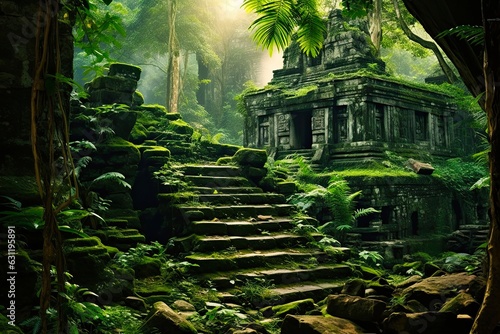 Lost in the Jungle  Ancient Mayan Temple Ruins in a Lush Clearing. Enchanting Forest Landscape with Dense Vegetation and Beauty All Around  Generative AI