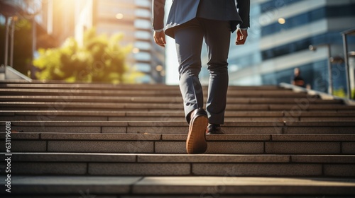 close-shot of a young businessman running up stairs in an office.