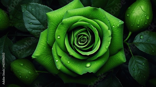 Fototapeta Naklejka Na Ścianę i Meble -   a green rose with water droplets on it's petals.  generative ai