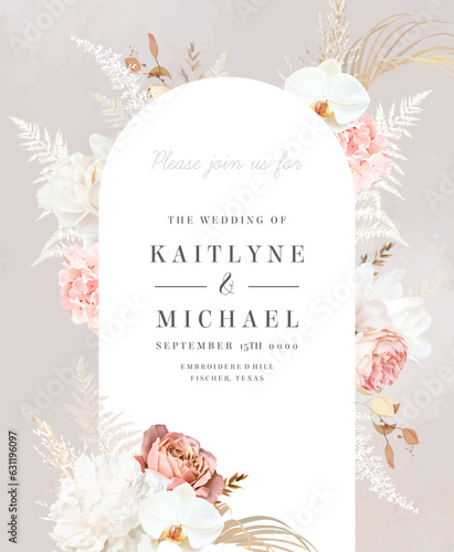 Flower and dried plants vector design round frame. Wedding watercolor flowers. Ivory white magnolia, orchid