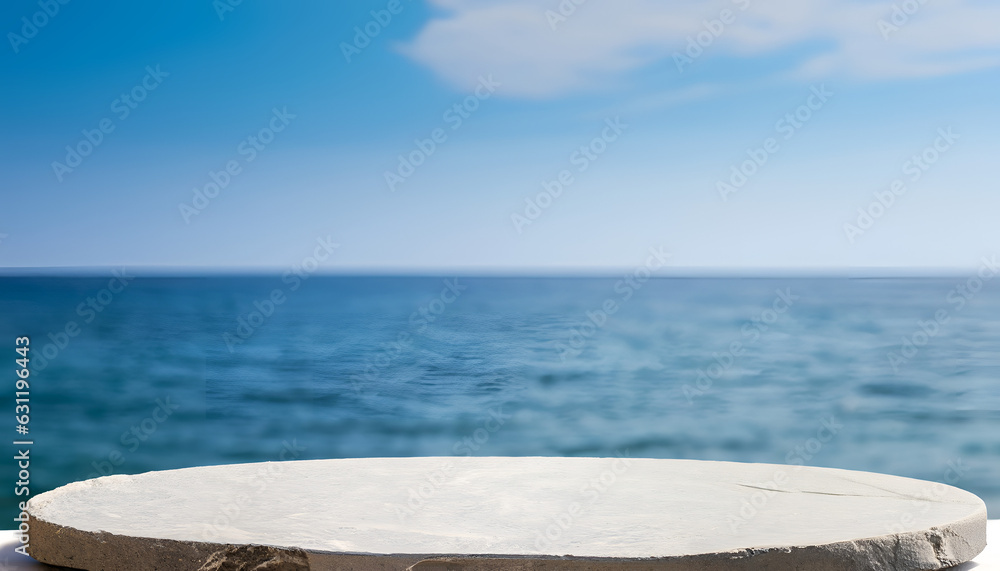 view from the beach,round stone platform  on white stone table top with blur sea and blue sky background. Summer  Concept, AI generated