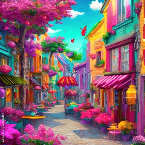 ?olorful street of fairy town. Generative AI © ecrow