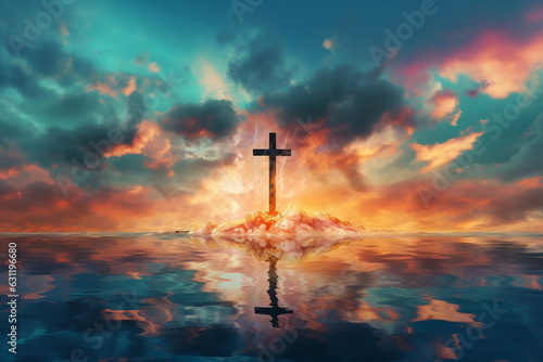 Resplendent Resurrection, Conceptual Religious Symbol on a Colorful Sky at Sunset